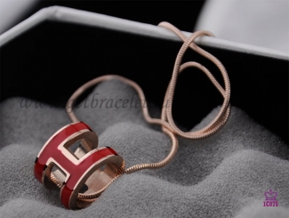 Hermes 3D Pop "H" logo Snake Bone Red Necklace in Pink Gold